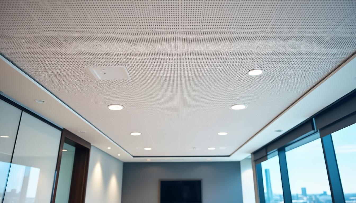 Plafond acoustique en plaques de plâtre perforées pour bureau et commerce en Gironde : absorption acoustique, motifs de perforation et performance.