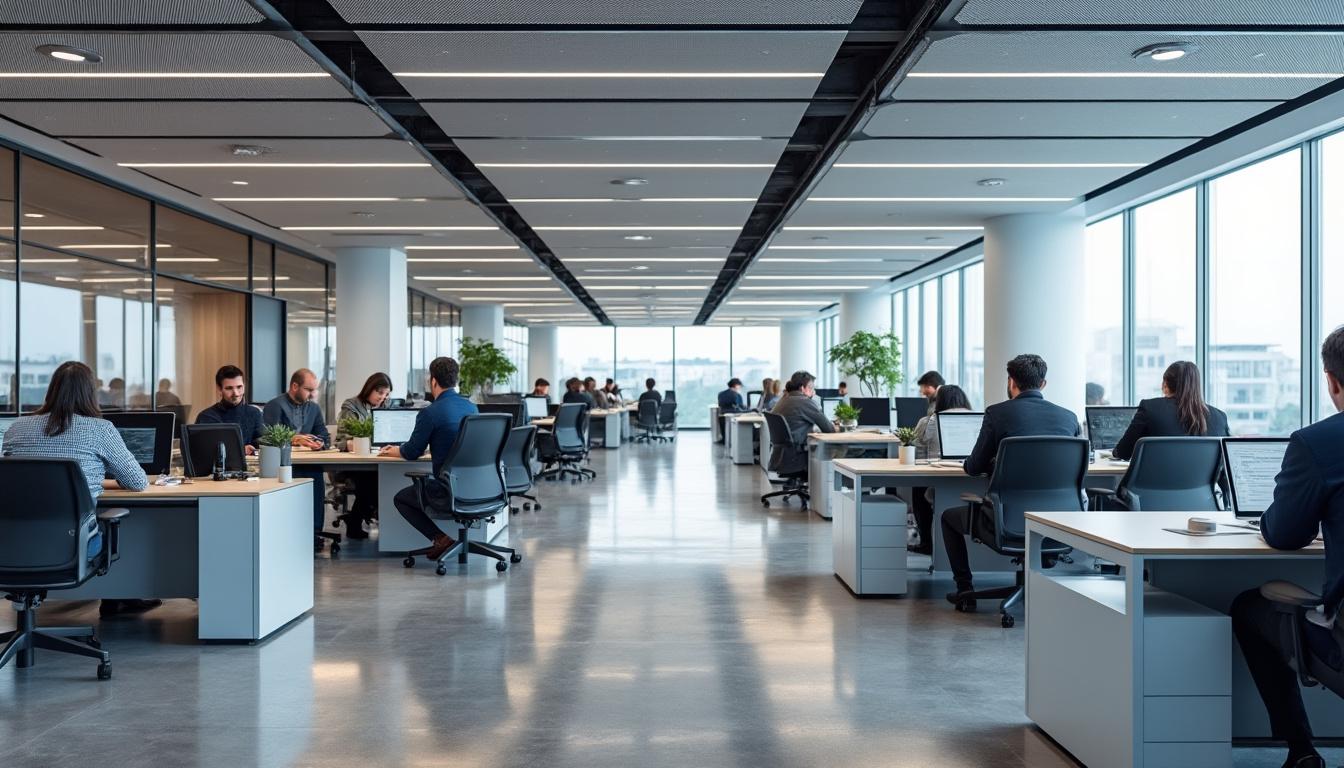 Solutions de plafond acoustique pour bureau et open space : dalles, baffles et îlots suspendus en Gironde et Charente-Maritime.