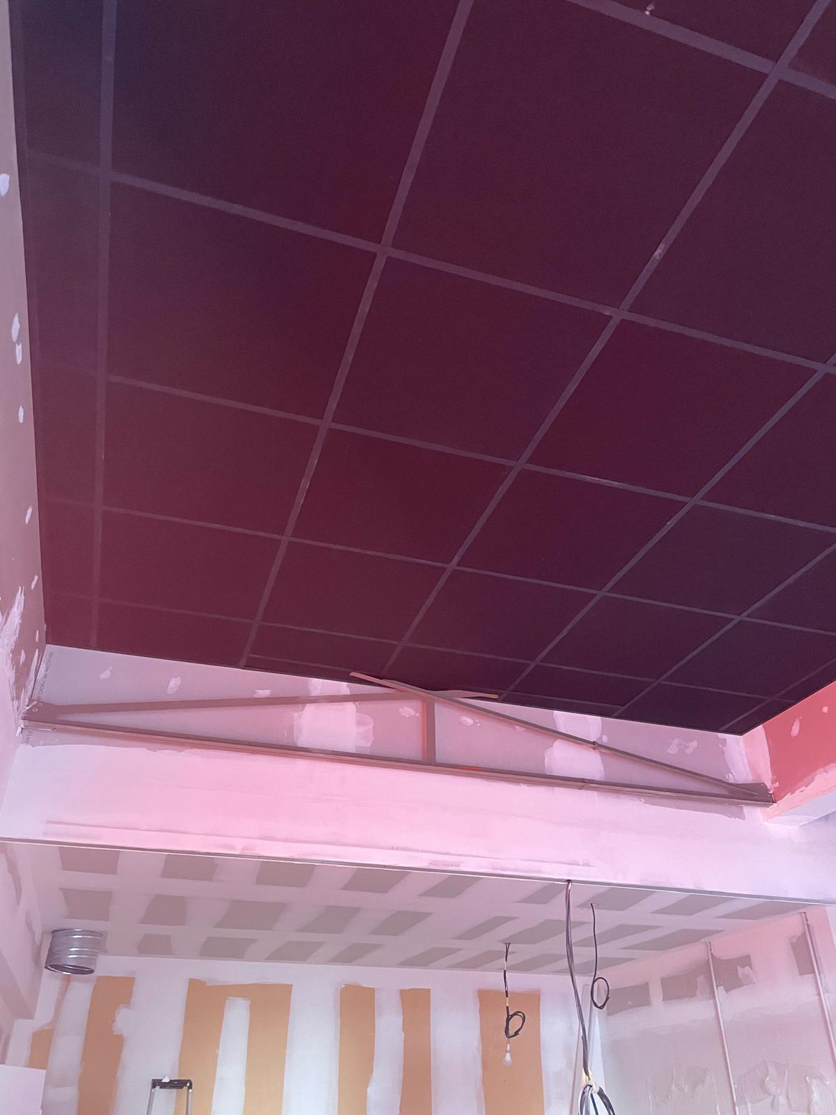 Faux plafond acoustique en dalles bordeaux installé dans un local commercial — Talence